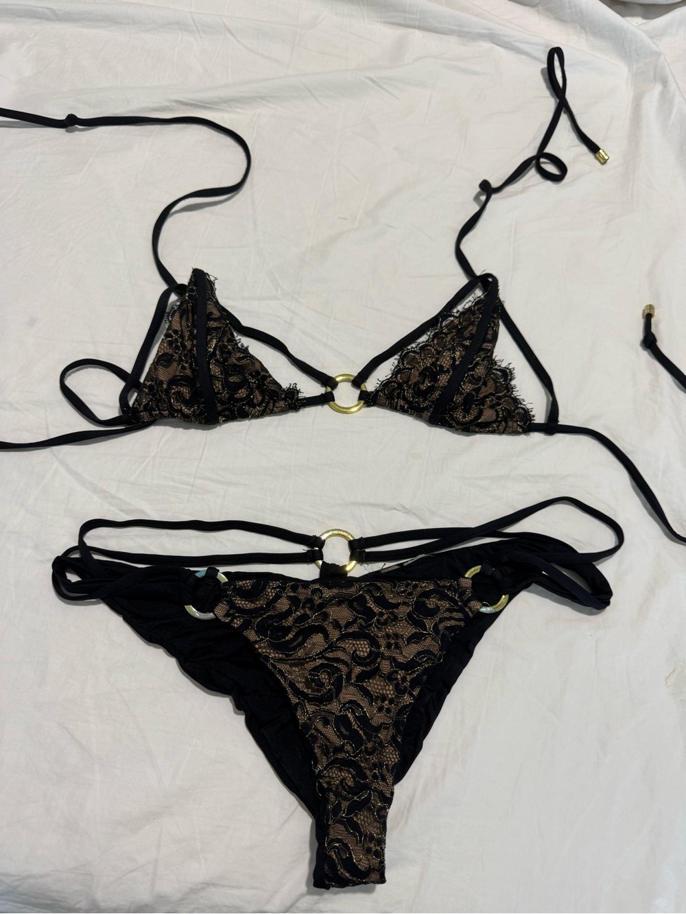 Beach Bunny Black and Gold Lace Triangle Bikini Set